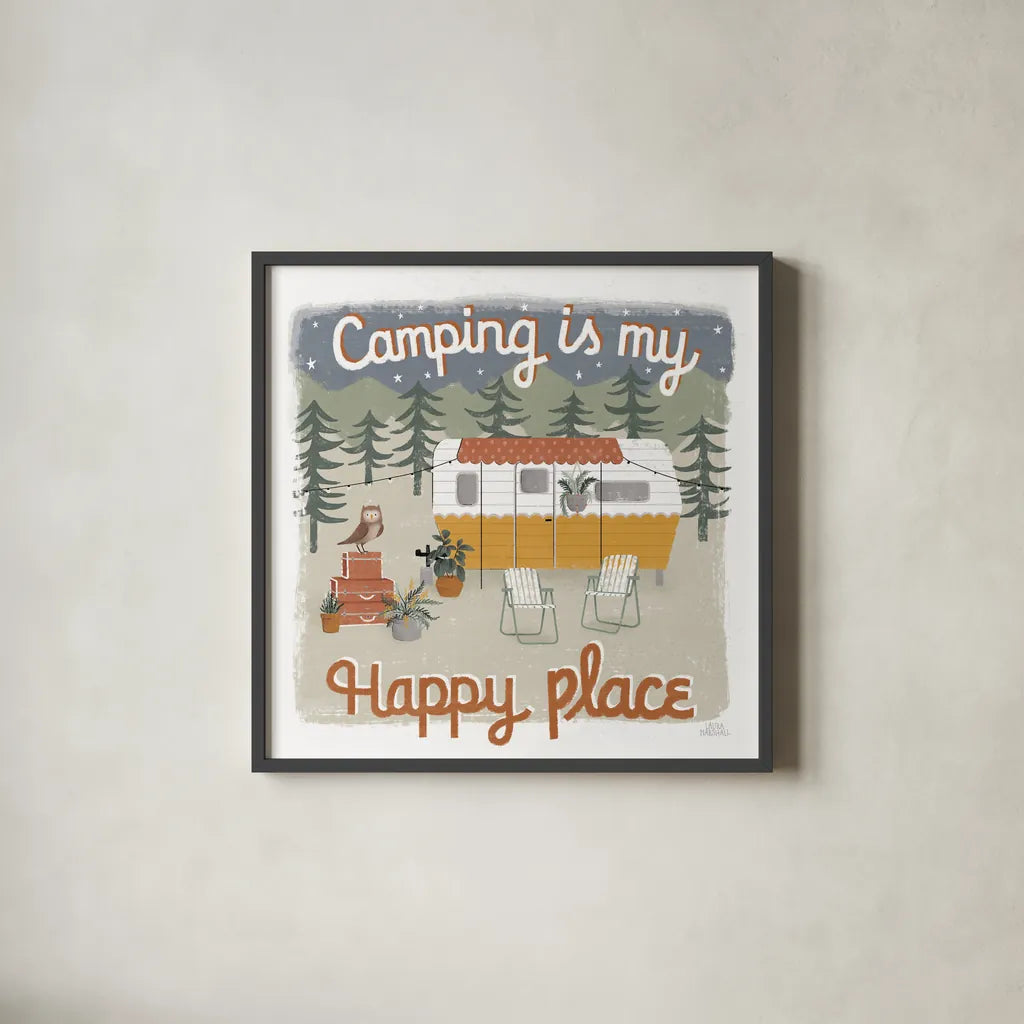 Gone Glamping V by Laura Marshall. Shown in a sleek black glass frame for a contemporary gallery look. Available as an archival giclee rolled canvas, fine art paper, or poster print. SKU 53608a.