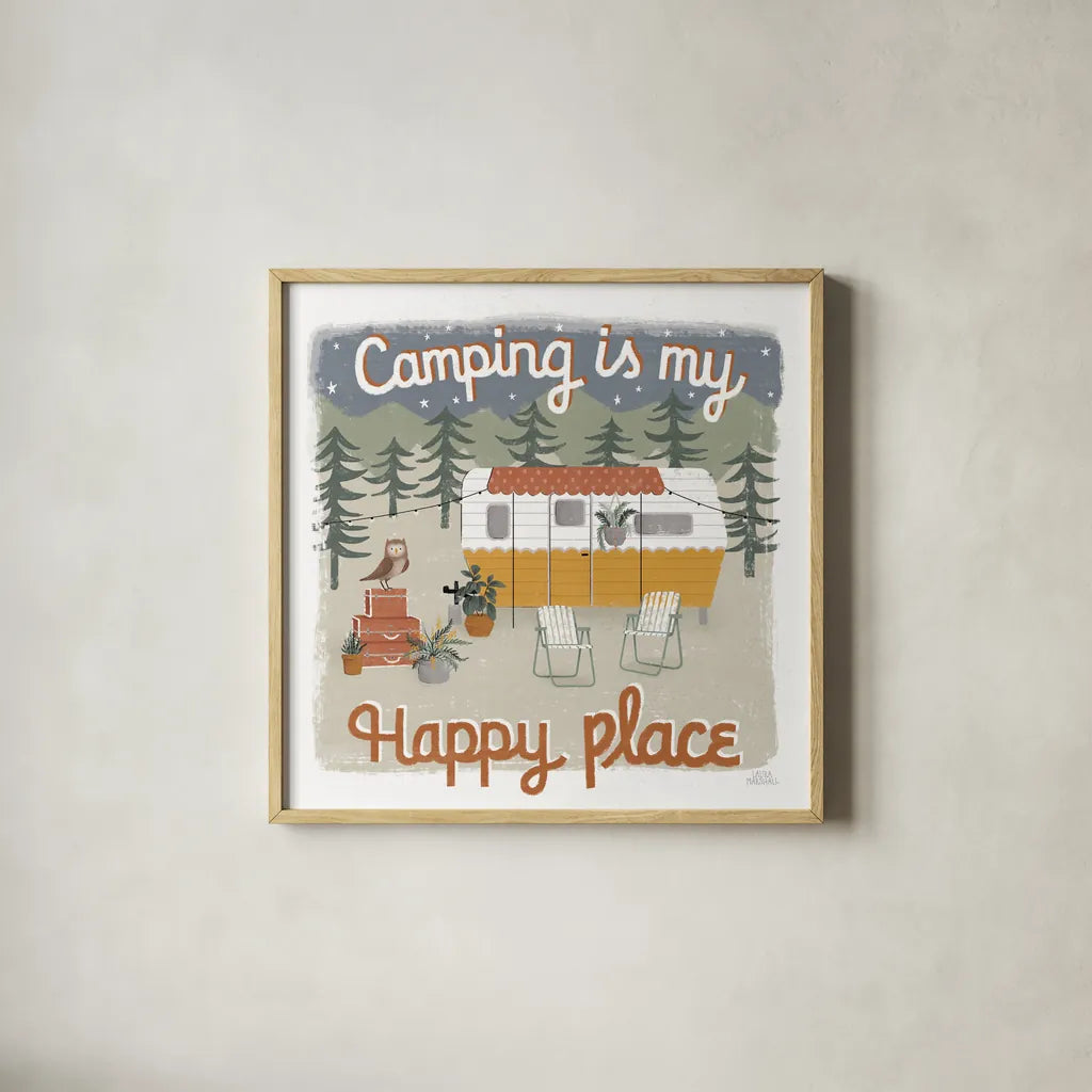 Gone Glamping V by Laura Marshall. Shown in a natural wood glass frame for a timeless modern aesthetic. Available as an archival giclee rolled canvas, fine art paper, or poster print. SKU 53608a.