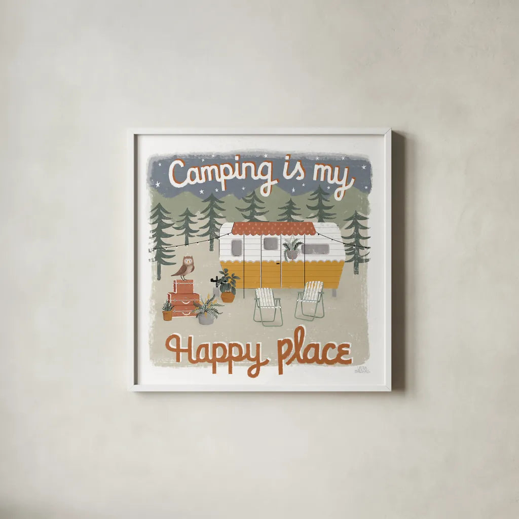 Gone Glamping V by Laura Marshall. Shown in a crisp white glass frame for a clean and minimalist style. Available as an archival giclee rolled canvas, fine art paper, or poster print. SKU 53608a.