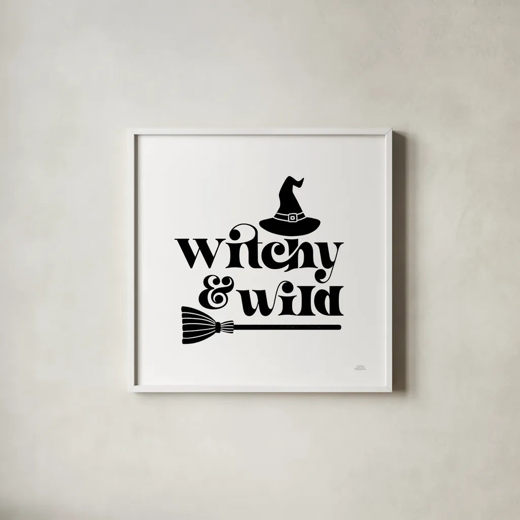 Halloween Typography I by Laura Marshall. Shown in a crisp white glass frame for a clean and minimalist style. Available as an archival giclee rolled canvas, fine art paper, or poster print. SKU 89707a.