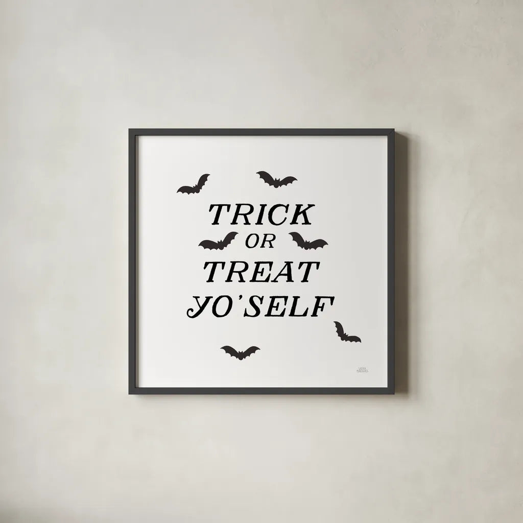 Halloween Typography II by Laura Marshall. Shown in a sleek black glass frame for a contemporary gallery look. Available as an archival giclee rolled canvas, fine art paper, or poster print. SKU 89708a.