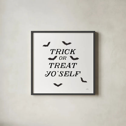 Halloween Typography II by Laura Marshall. Shown in a sleek black glass frame for a contemporary gallery look. Available as an archival giclee rolled canvas, fine art paper, or poster print. SKU 89708a.
