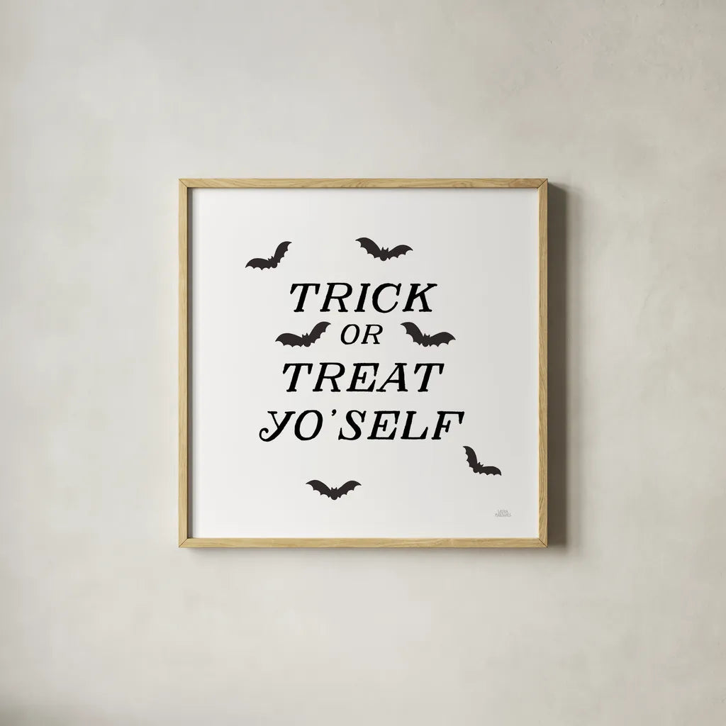 Halloween Typography II by Laura Marshall. Shown in a natural wood glass frame for a timeless modern aesthetic. Available as an archival giclee rolled canvas, fine art paper, or poster print. SKU 89708a.