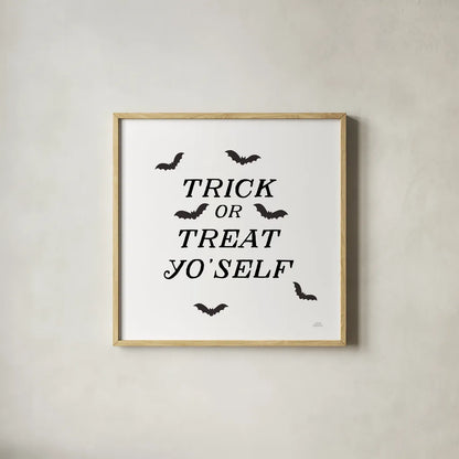 Halloween Typography II by Laura Marshall. Shown in a natural wood glass frame for a timeless modern aesthetic. Available as an archival giclee rolled canvas, fine art paper, or poster print. SKU 89708a.
