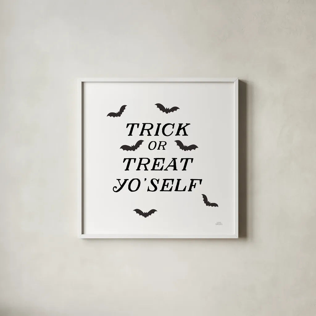 Halloween Typography II by Laura Marshall. Shown in a crisp white glass frame for a clean and minimalist style. Available as an archival giclee rolled canvas, fine art paper, or poster print. SKU 89708a.