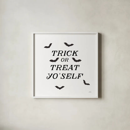 Halloween Typography II by Laura Marshall. Shown in a crisp white glass frame for a clean and minimalist style. Available as an archival giclee rolled canvas, fine art paper, or poster print. SKU 89708a.
