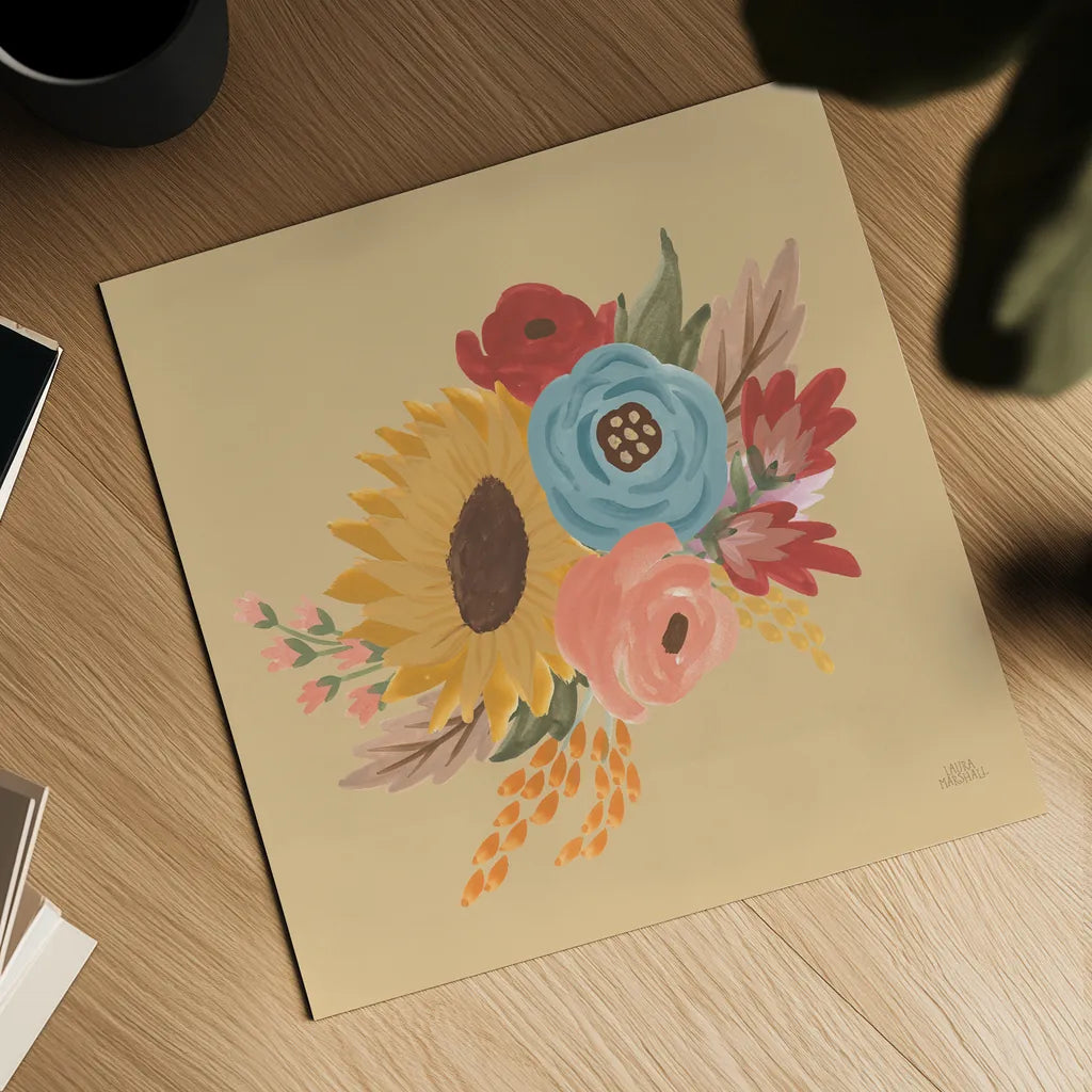 Harvest Garden Flowers I by Laura Marshall. Shown as a detailed flat fine art print, highlighting archival giclee quality. Available as an archival giclee rolled canvas, fine art paper, or poster print. SKU 58790a.