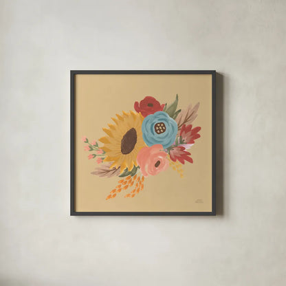 Harvest Garden Flowers I by Laura Marshall. Shown in a sleek black glass frame for a contemporary gallery look. Available as an archival giclee rolled canvas, fine art paper, or poster print. SKU 58790a.