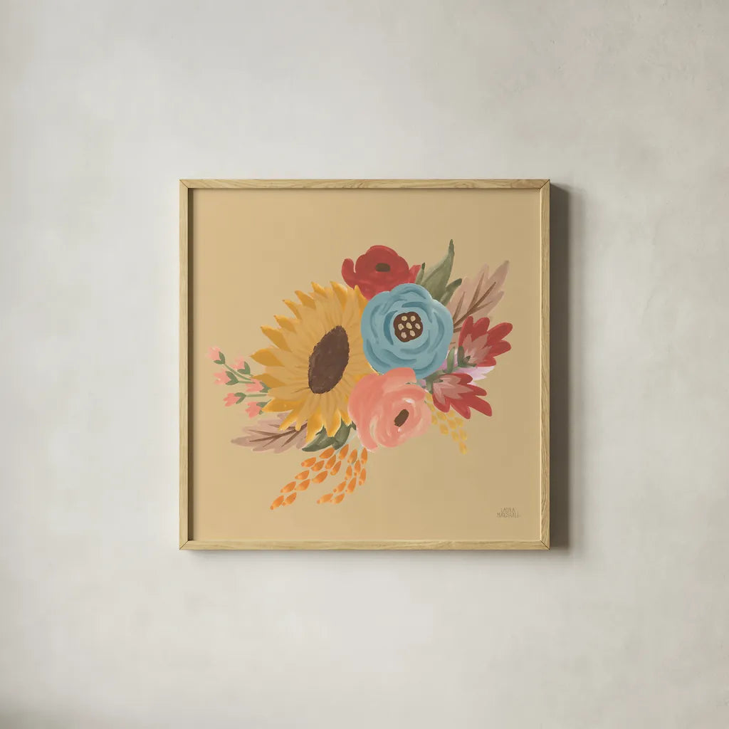 Harvest Garden Flowers I by Laura Marshall. Shown in a natural wood glass frame for a timeless modern aesthetic. Available as an archival giclee rolled canvas, fine art paper, or poster print. SKU 58790a.