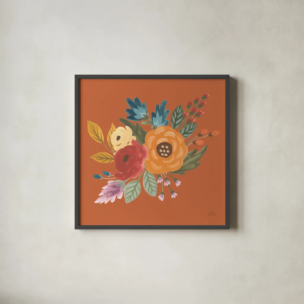 Harvest Garden Flowers II by Laura Marshall. Shown in a sleek black glass frame for a contemporary gallery look. Available as an archival giclee rolled canvas, fine art paper, or poster print. SKU 58791a.
