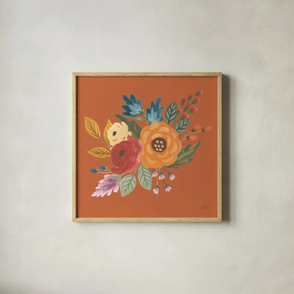 Harvest Garden Flowers II by Laura Marshall. Shown in a natural wood glass frame for a timeless modern aesthetic. Available as an archival giclee rolled canvas, fine art paper, or poster print. SKU 58791a.