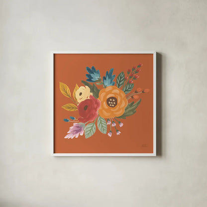 Harvest Garden Flowers II by Laura Marshall. Shown in a crisp white glass frame for a clean and minimalist style. Available as an archival giclee rolled canvas, fine art paper, or poster print. SKU 58791a.