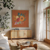 Harvest Garden Flowers II by Laura Marshall. Shown in a natural wood frame in a cozy modern living room. Available as an archival giclee rolled canvas, fine art paper, or poster print. SKU 58791a.