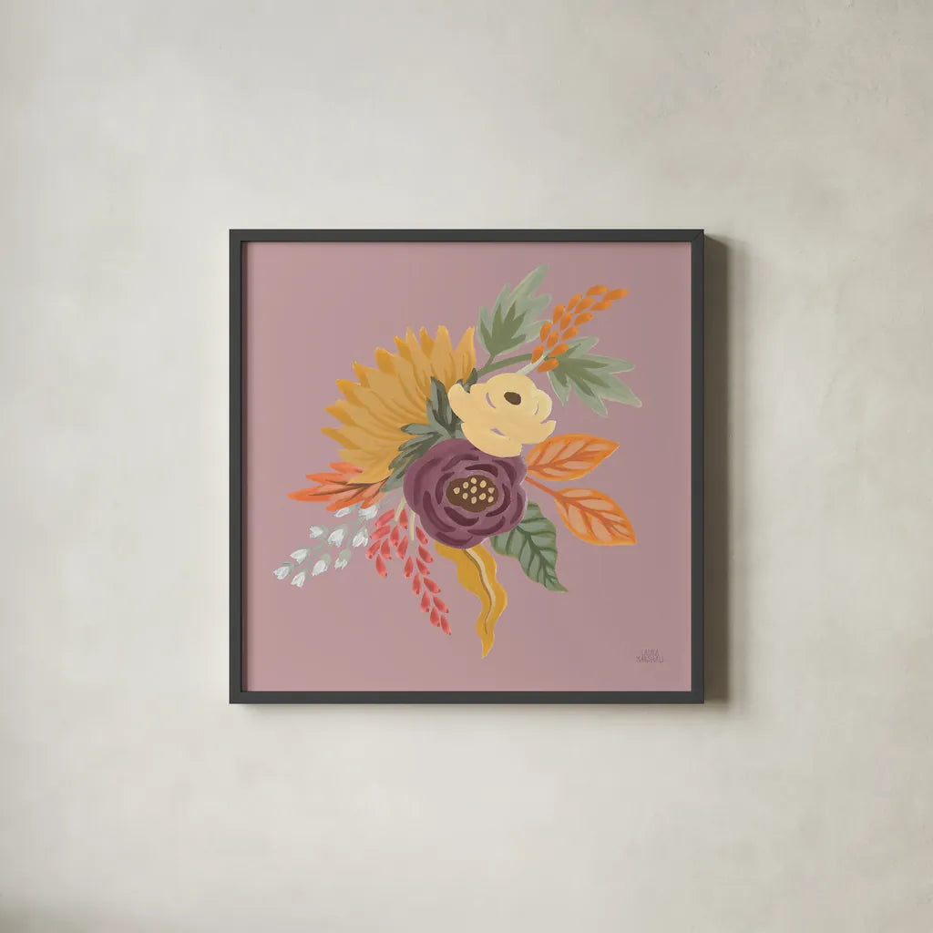 Harvest Garden Flowers III by Laura Marshall. Shown in a sleek black glass frame for a contemporary gallery look. Available as an archival giclee rolled canvas, fine art paper, or poster print. SKU 58792a.