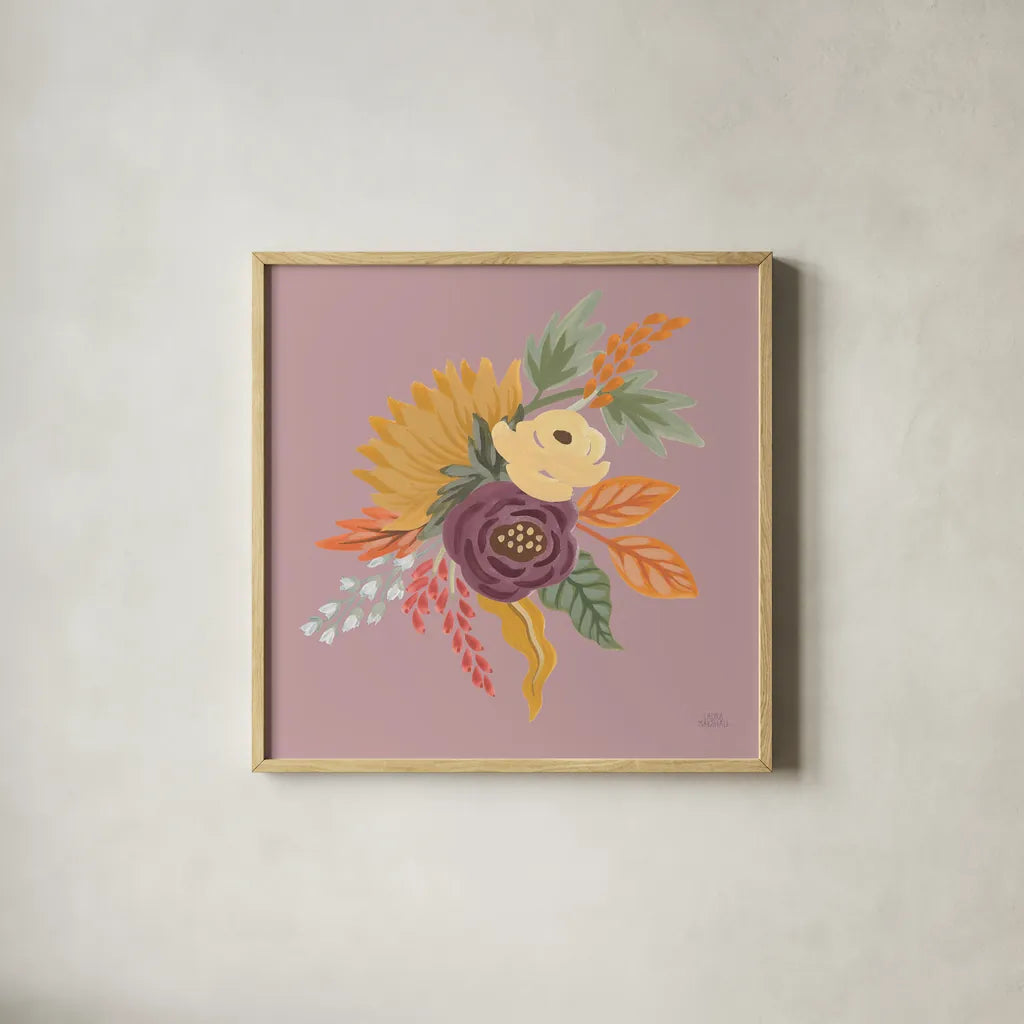 Harvest Garden Flowers III by Laura Marshall. Shown in a natural wood glass frame for a timeless modern aesthetic. Available as an archival giclee rolled canvas, fine art paper, or poster print. SKU 58792a.