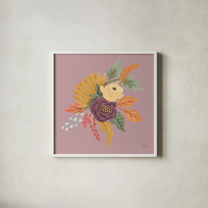 Harvest Garden Flowers III by Laura Marshall. Shown in a crisp white glass frame for a clean and minimalist style. Available as an archival giclee rolled canvas, fine art paper, or poster print. SKU 58792a.