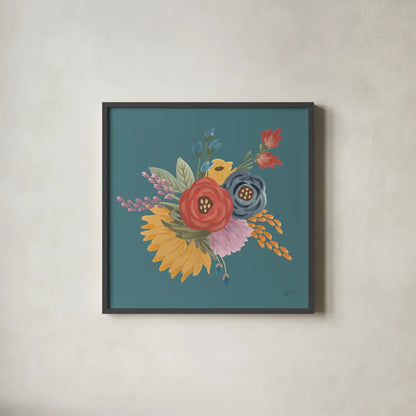 Harvest Garden Flowers IV by Laura Marshall. Shown in a sleek black glass frame for a contemporary gallery look. Available as an archival giclee rolled canvas, fine art paper, or poster print. SKU 58793a.