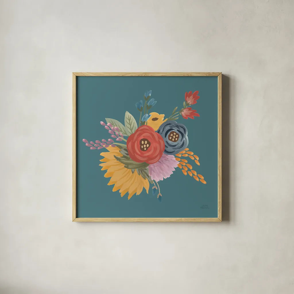 Harvest Garden Flowers IV by Laura Marshall. Shown in a natural wood glass frame for a timeless modern aesthetic. Available as an archival giclee rolled canvas, fine art paper, or poster print. SKU 58793a.