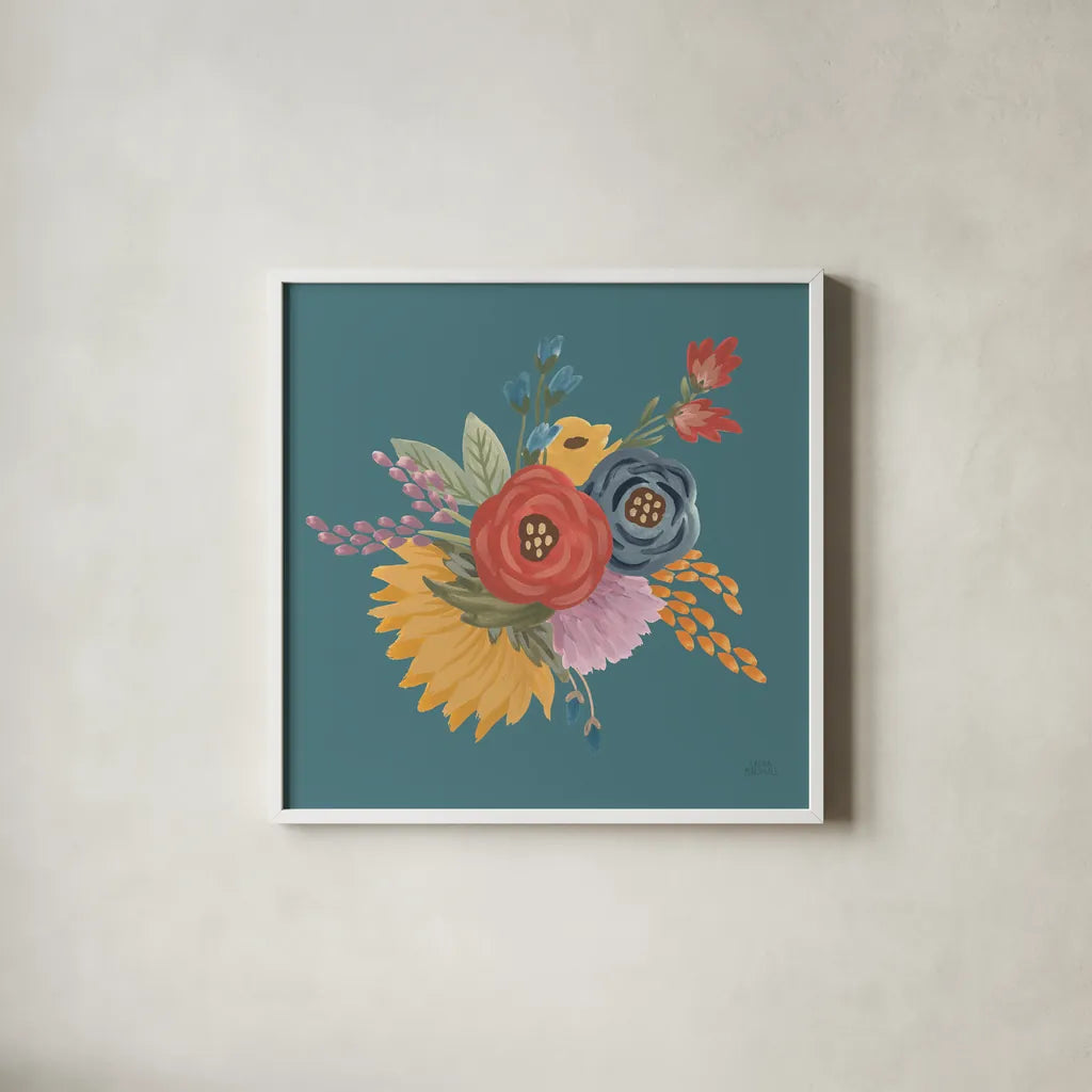Harvest Garden Flowers IV by Laura Marshall. Shown in a crisp white glass frame for a clean and minimalist style. Available as an archival giclee rolled canvas, fine art paper, or poster print. SKU 58793a.