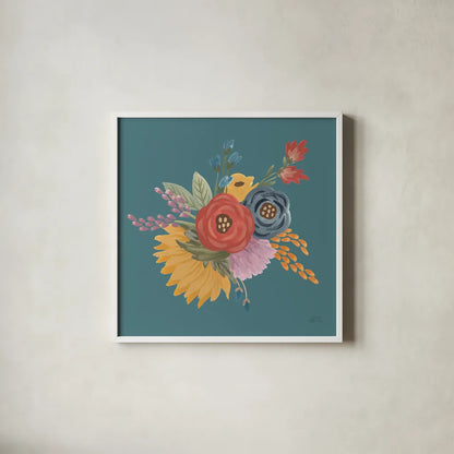 Harvest Garden Flowers IV by Laura Marshall. Shown in a crisp white glass frame for a clean and minimalist style. Available as an archival giclee rolled canvas, fine art paper, or poster print. SKU 58793a.