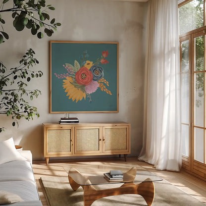 Harvest Garden Flowers IV by Laura Marshall. Shown in a natural wood frame in a cozy modern living room. Available as an archival giclee rolled canvas, fine art paper, or poster print. SKU 58793a.