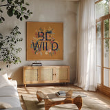 Harvest Garden II Dark Blue Letters by Laura Marshall. Shown in a natural wood frame in a cozy modern living room. Available as an archival giclee rolled canvas, fine art paper, or poster print. SKU 77887a.