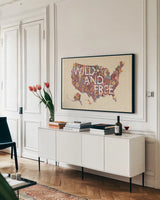 Harvest Garden USA by Laura Marshall. shown as a framed stretched canvas in a living room above a console. Available as a archival giclee rolled canvas, fine art paper, or poster print. SKU 57513i.