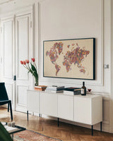 Harvest Garden World by Laura Marshall. shown as a framed stretched canvas in a living room above a console. Available as a archival giclee rolled canvas, fine art paper, or poster print. SKU 57514i.