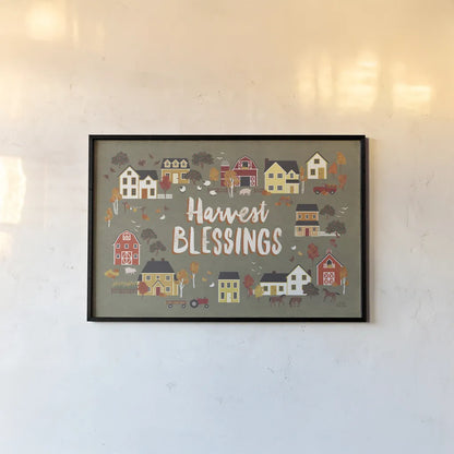 Harvest Village I by Laura Marshall. shown as a paper print in a black flame. Available as a archival giclee rolled canvas, fine art paper, or poster print. SKU 50360i.