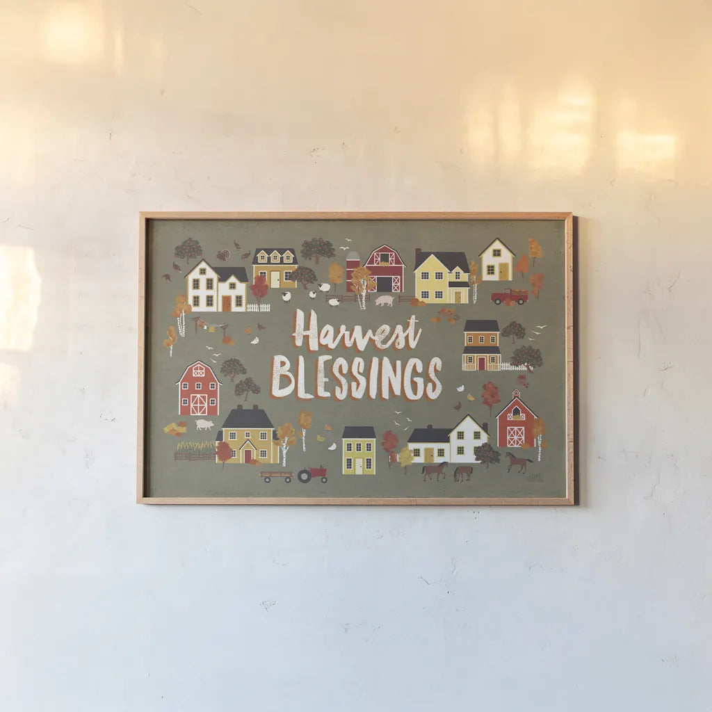 Harvest Village I by Laura Marshall. shown as a paper print in a natural frame. Available as a archival giclee rolled canvas, fine art paper, or poster print. SKU 50360i.