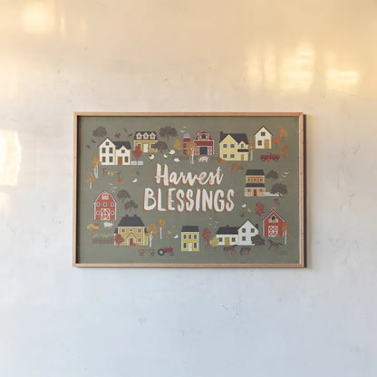 Harvest Village I by Laura Marshall. shown as a paper print in a natural frame. Available as a archival giclee rolled canvas, fine art paper, or poster print. SKU 50360i.