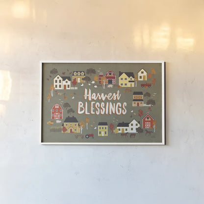 Harvest Village I by Laura Marshall. shown as a paper print in a white frame. Available as a archival giclee rolled canvas, fine art paper, or poster print. SKU 50360i.