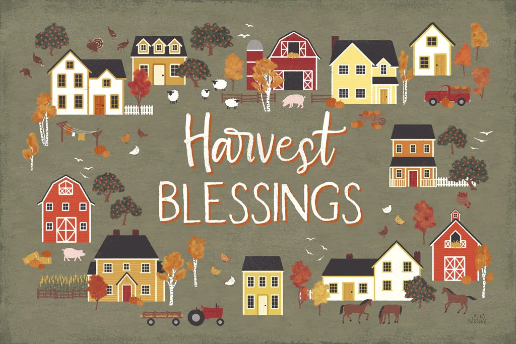 Harvest Village I Script by Laura Marshall. SKU 62638i. Archival Giclee Fine art print for wall decor.