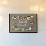 Harvest Village I Script by Laura Marshall. shown as a paper print in a black flame. Available as a archival giclee rolled canvas, fine art paper, or poster print. SKU 62638i.
