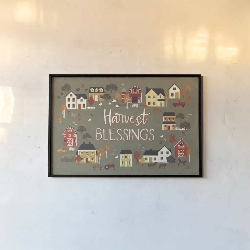 Harvest Village I Script by Laura Marshall. shown as a paper print in a black flame. Available as a archival giclee rolled canvas, fine art paper, or poster print. SKU 62638i.