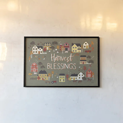 Harvest Village I Script by Laura Marshall. shown as a paper print in a black flame. Available as a archival giclee rolled canvas, fine art paper, or poster print. SKU 62638i.