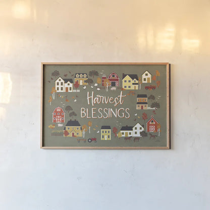 Harvest Village I Script by Laura Marshall. shown as a paper print in a natural frame. Available as a archival giclee rolled canvas, fine art paper, or poster print. SKU 62638i.