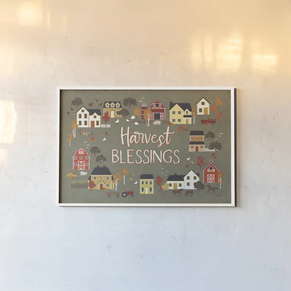 Harvest Village I Script by Laura Marshall. shown as a paper print in a white frame. Available as a archival giclee rolled canvas, fine art paper, or poster print. SKU 62638i.