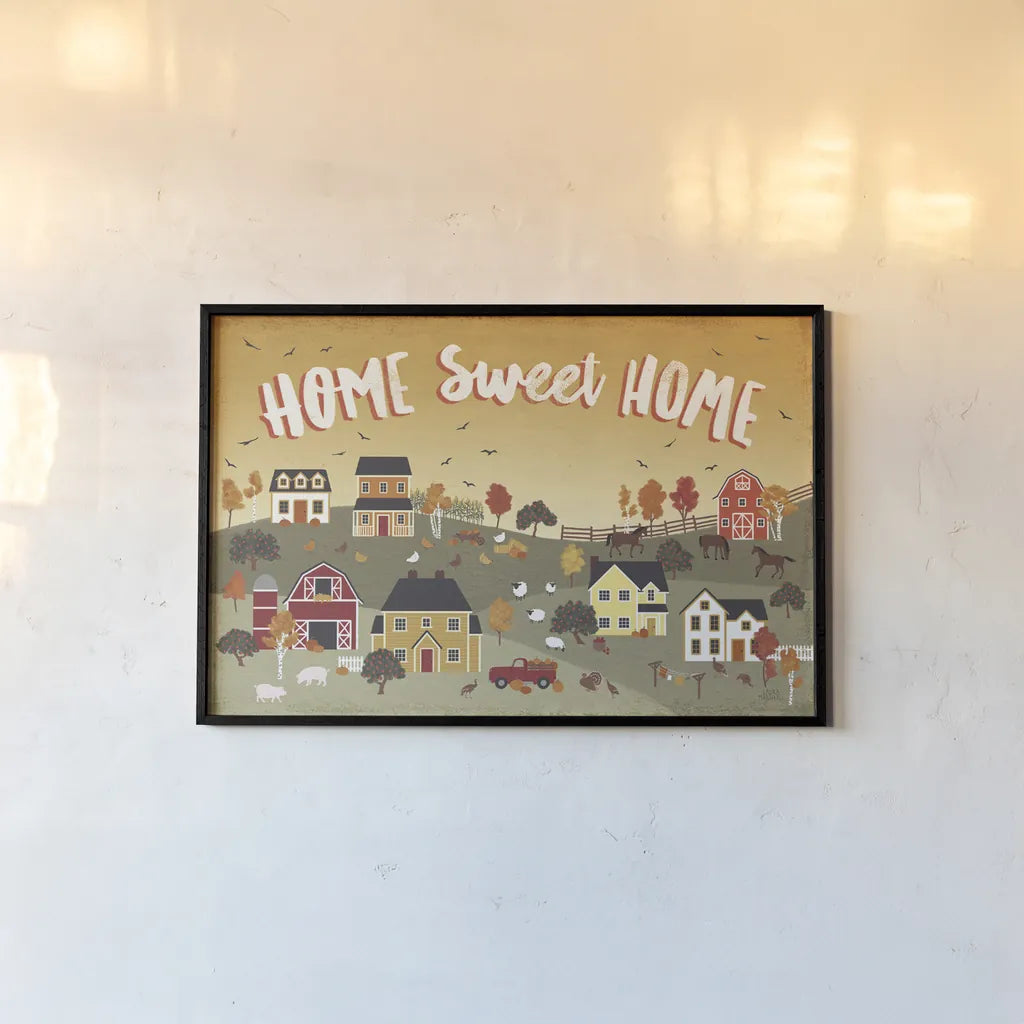 Harvest Village II by Laura Marshall. shown as a paper print in a black flame. Available as a archival giclee rolled canvas, fine art paper, or poster print. SKU 50361i.