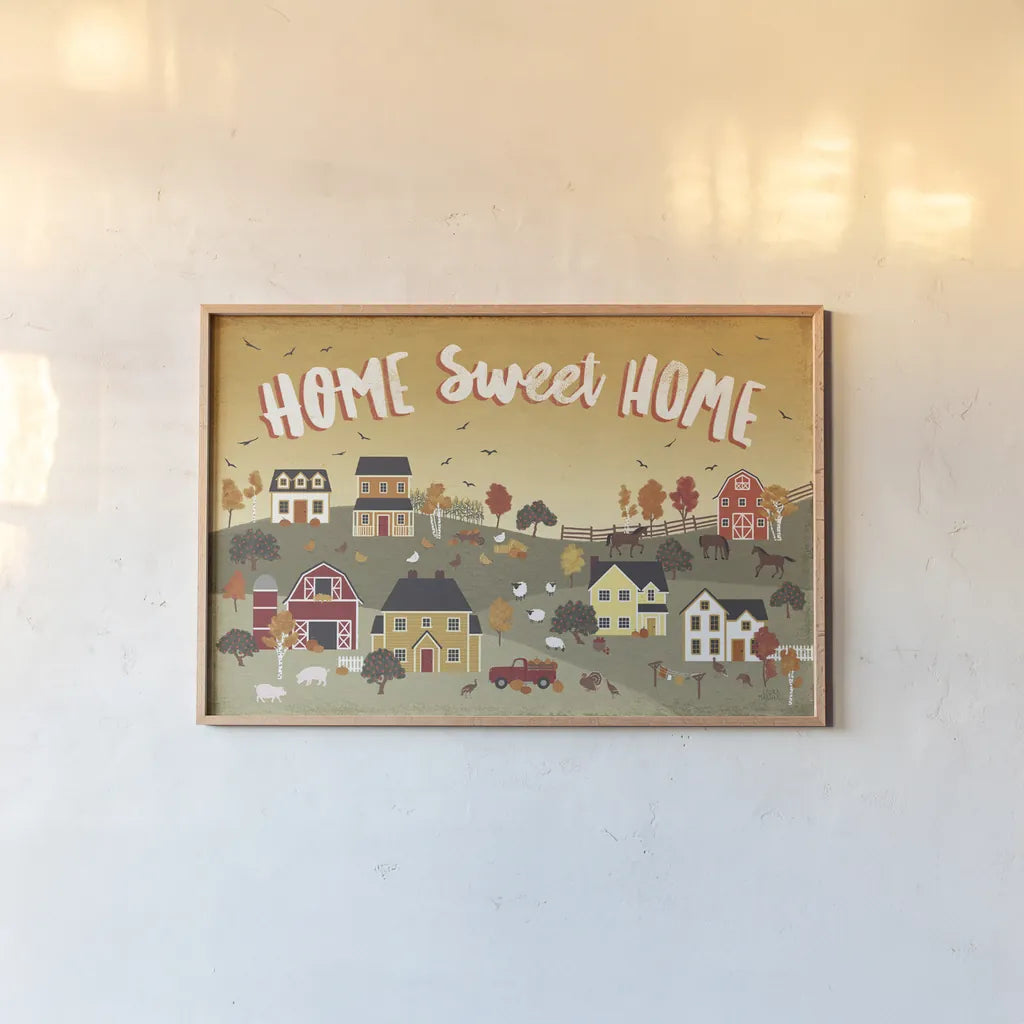 Harvest Village II by Laura Marshall. shown as a paper print in a natural frame. Available as a archival giclee rolled canvas, fine art paper, or poster print. SKU 50361i.