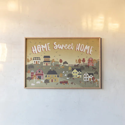 Harvest Village II by Laura Marshall. shown as a paper print in a natural frame. Available as a archival giclee rolled canvas, fine art paper, or poster print. SKU 50361i.