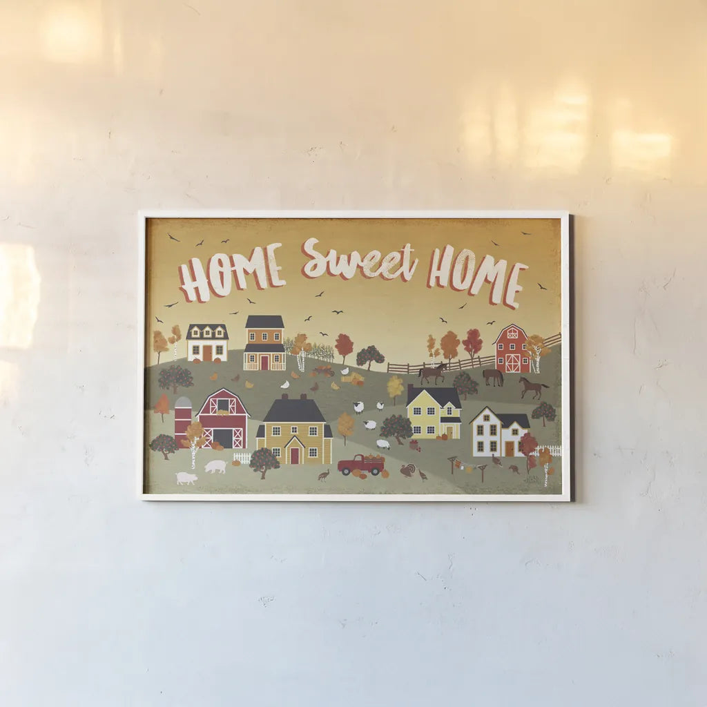 Harvest Village II by Laura Marshall. shown as a paper print in a white frame. Available as a archival giclee rolled canvas, fine art paper, or poster print. SKU 50361i.
