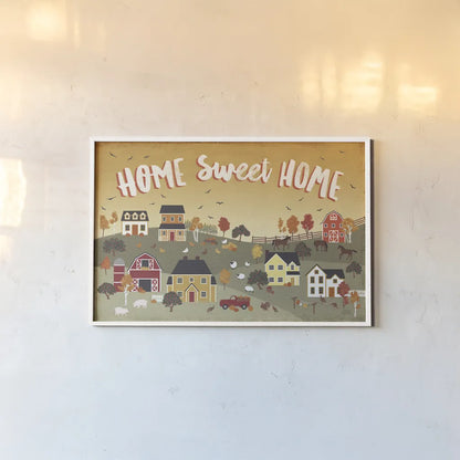 Harvest Village II by Laura Marshall. shown as a paper print in a white frame. Available as a archival giclee rolled canvas, fine art paper, or poster print. SKU 50361i.