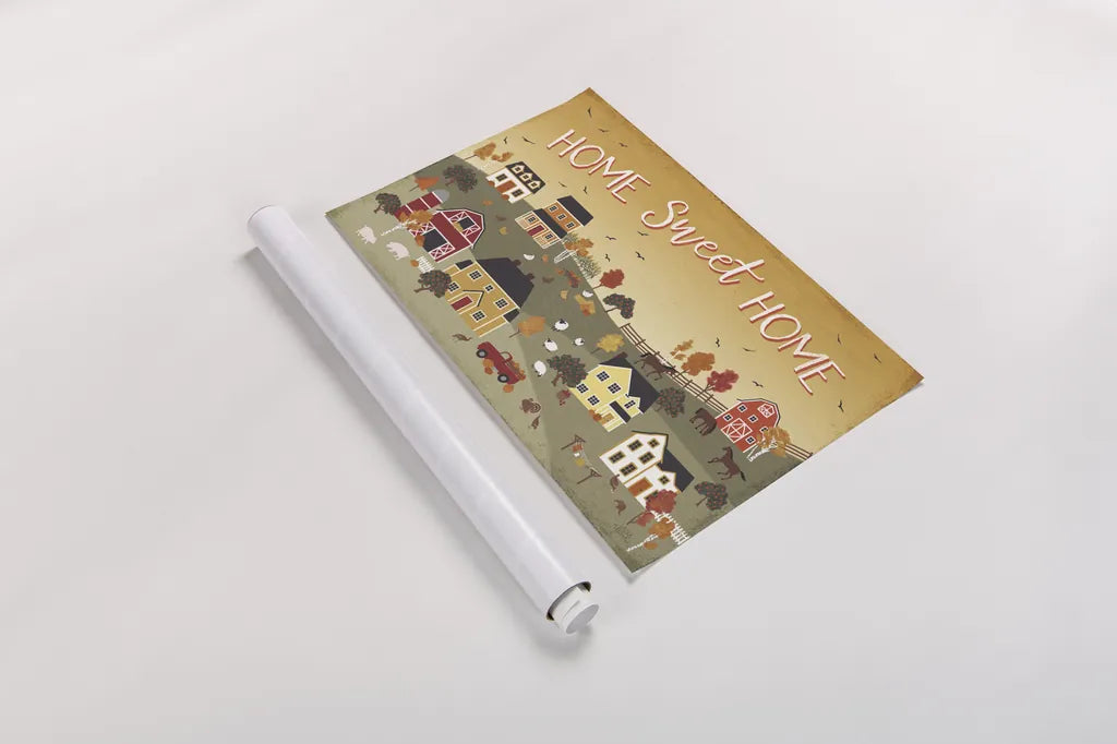 Harvest Village II Script by Laura Marshall. shown as a rolled paper print. Available as archival giclee rolled canvas, fine art paper, or poster print. SKU 62639i.