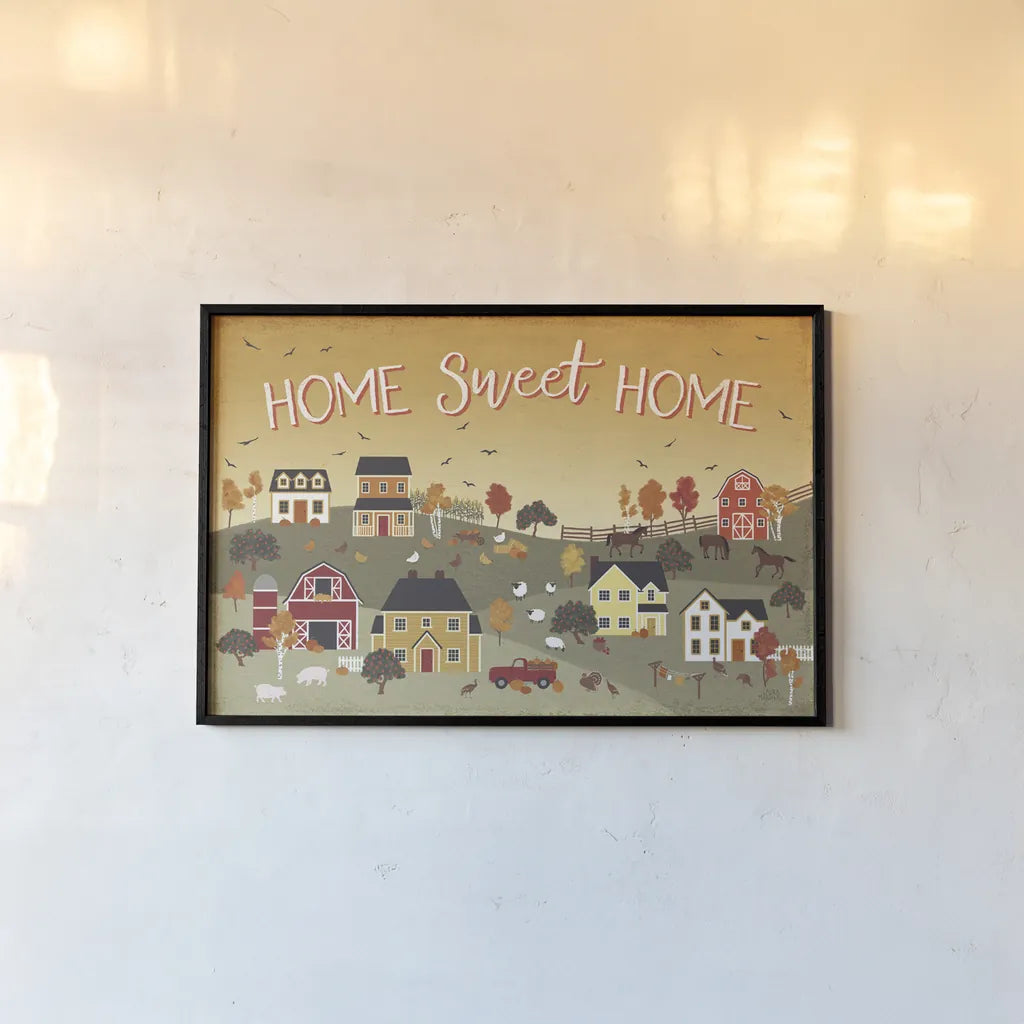 Harvest Village II Script by Laura Marshall. shown as a paper print in a black flame. Available as a archival giclee rolled canvas, fine art paper, or poster print. SKU 62639i.