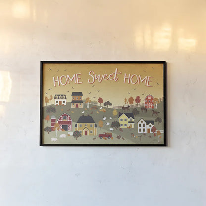 Harvest Village II Script by Laura Marshall. shown as a paper print in a black flame. Available as a archival giclee rolled canvas, fine art paper, or poster print. SKU 62639i.