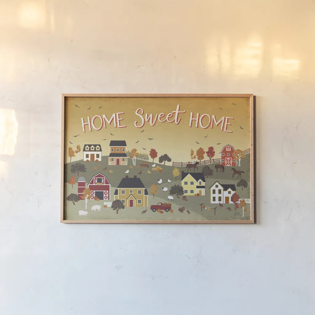 Harvest Village II Script by Laura Marshall. shown as a paper print in a natural frame. Available as a archival giclee rolled canvas, fine art paper, or poster print. SKU 62639i.