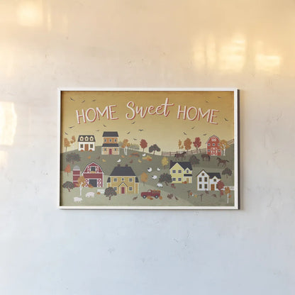 Harvest Village II Script by Laura Marshall. shown as a paper print in a white frame. Available as a archival giclee rolled canvas, fine art paper, or poster print. SKU 62639i.