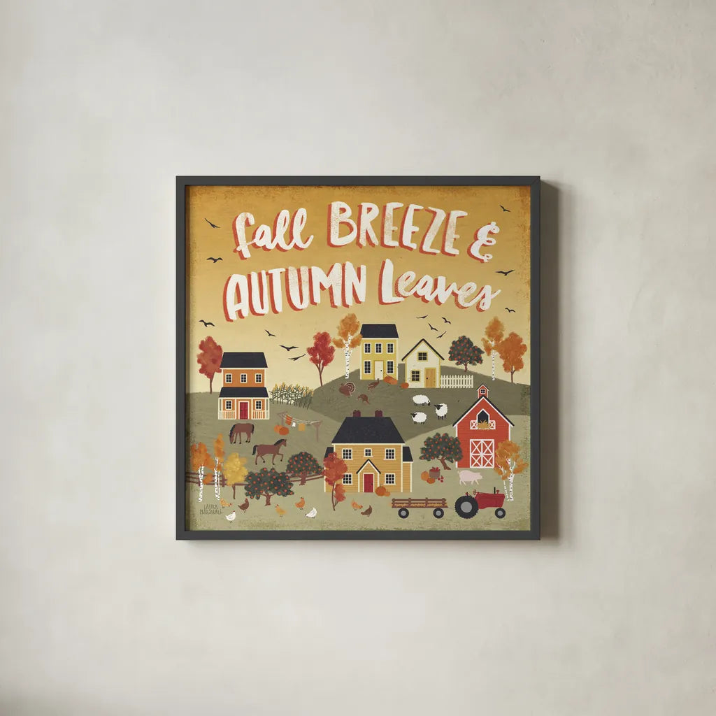 Harvest Village III by Laura Marshall. Shown in a sleek black glass frame for a contemporary gallery look. Available as an archival giclee rolled canvas, fine art paper, or poster print. SKU 50362a.