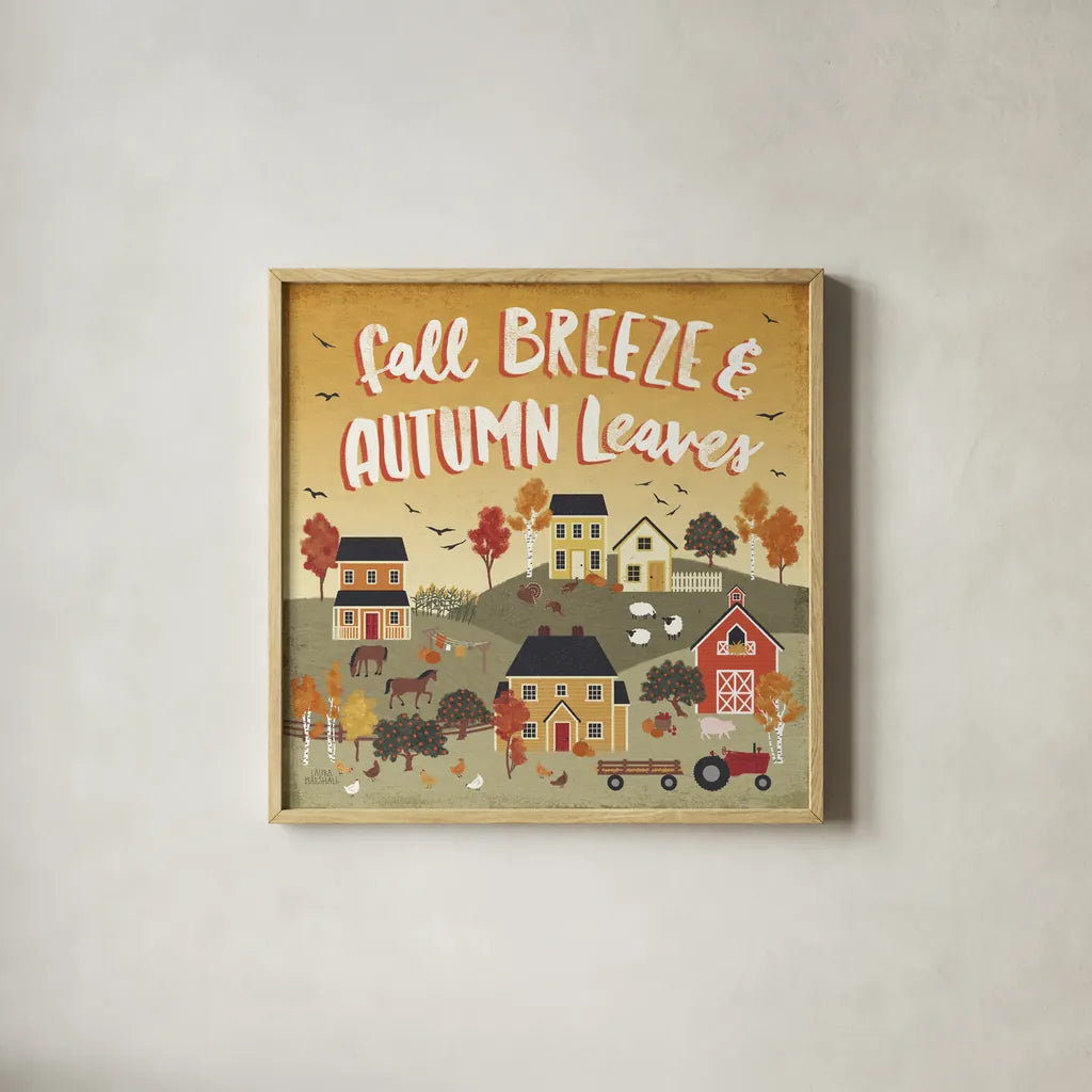 Harvest Village III by Laura Marshall. Shown in a natural wood glass frame for a timeless modern aesthetic. Available as an archival giclee rolled canvas, fine art paper, or poster print. SKU 50362a.